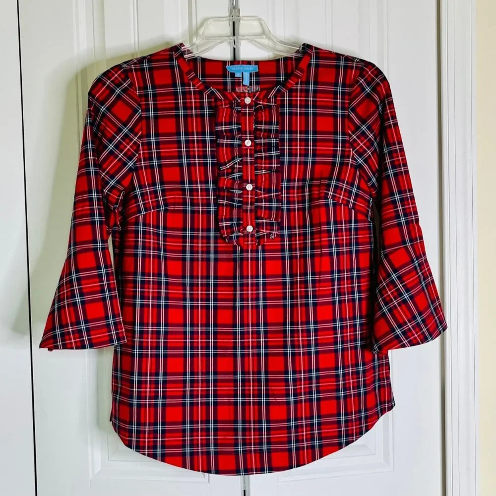 Draper James Red Plaid Button-Down Ruffle Front Top - Picture 3 of 7